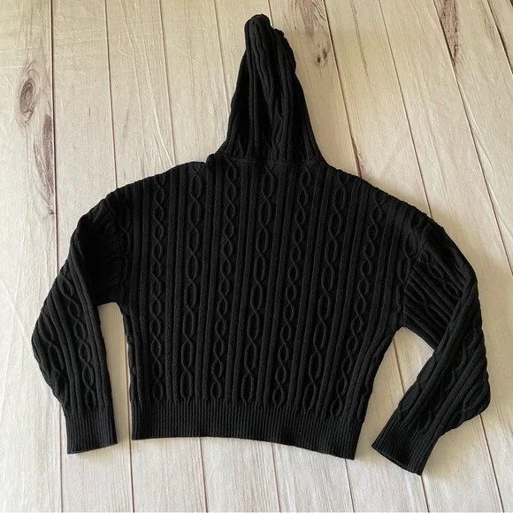 Cloth by Design Cozy Cable Knit Sweater Hoodie Womens L Black Cropped Super Soft - Picture 4 of 10